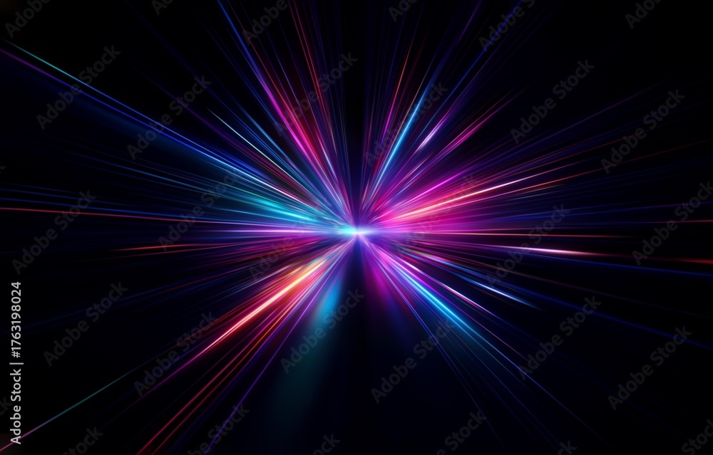Fototapeta premium Abstract digital background with colorful glowing lines radiating from a central point.