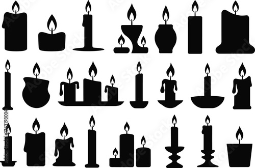 Black candle silhouettes, wax dripping icons, taper and pillar candle vector set, flame illustrations, minimalist decor elements, spiritual design assets