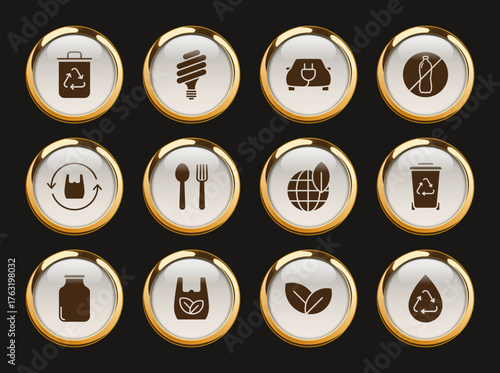 zero waste gold rimmed vector icons. zero waste icon set for web, mobile apps, ui design and print