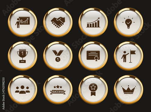 success gold rimmed icons. success gold rimmed icon set for web, mobile apps, ui design, print polygraphy and promo advertising business