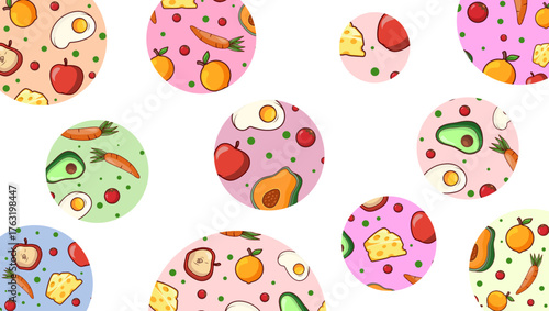 Colorful Food Pattern Circles on Black Background, Fruit and Veggie Flat Design