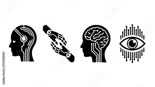 Artificial intelligence icons set of cyborg head, robotic hands, brain with circuit, and eye with circuit symbol of future technology and machine learning
