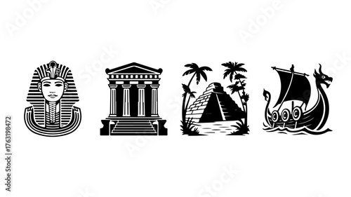 Set of historical landmark icons, featuring ancient egyptian, greek, mayan, and viking symbols, perfect for history and travelthemed designs