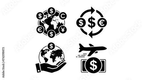 Illustrations of global finance and money transfer vector illustration of international transaction, currency exchange, and worldwide payment