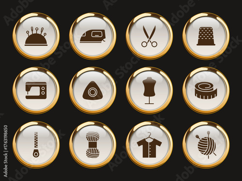 sewing gold rimmed vector icons. sewing icon set for web, mobile apps, ui design, print polygraphy and promo advertising business