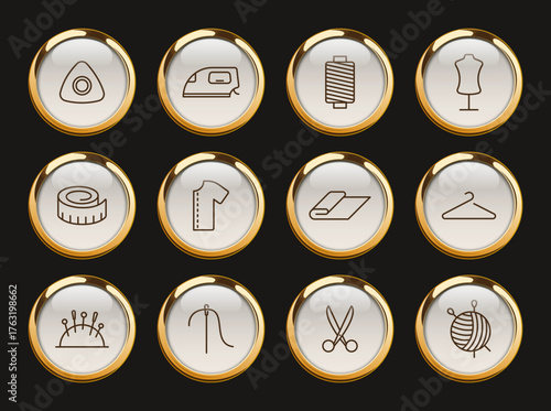 sewing gold rimmed vector icons. sewing gold rimmed icons for web and ui design, mobile apps, print polygraphy and promo advertising business