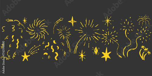 Firework border yellow Chalk hand drawn star blink, firework, glitter silhouette and glowing symbols in sketch style. Doodle border, seamless divider. Confetti grunge simple decoration.