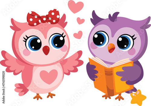 Wallpaper Mural Cartoon owl couple with hearts and book, cute vector illustration, love and learning theme, children’s art, whimsical animal design Torontodigital.ca