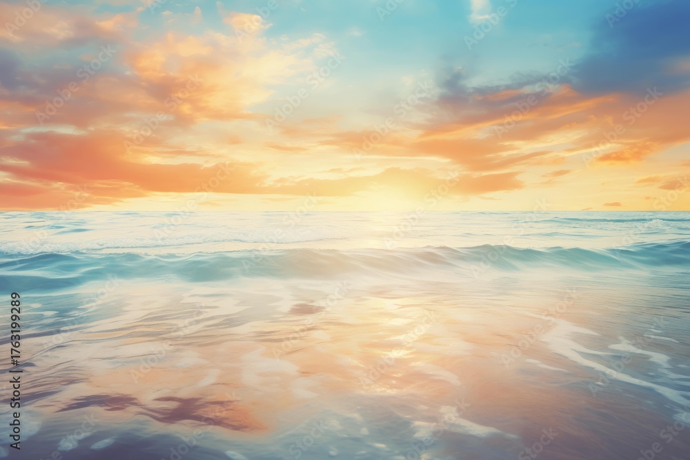 Obraz premium Golden sunset reflecting on calm ocean waves creating a beautiful seascape