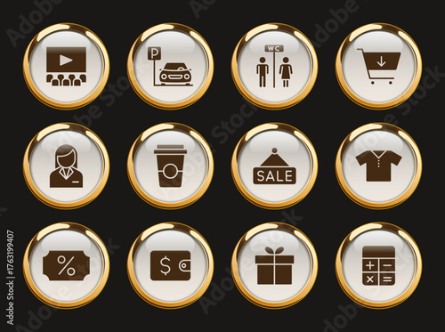 shopping mall gold rimmed icons. shopping mall gold rimmed icon set for web, mobile apps, ui design, print polygraphy and promo advertising business