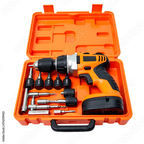 Cordless drill with drill bits in an orange plastic case isolated on transparent background the drill is black and orange and has a silver chuck