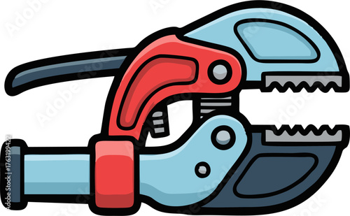 Cartoon Garden Pruners with Red Handle and Blue Blades, Close Up View.