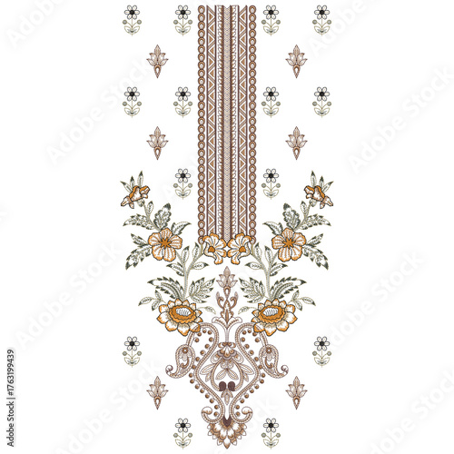 Foto Isolated asian indian embroidery neckline and lace border design , daman design and all over shirt front design women wear for digital and textile print on fabric