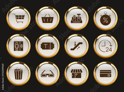 shopping mall gold rimmed icons. shopping mall gold rimmed icon set for web, mobile apps, ui design, print polygraphy and promo advertising business