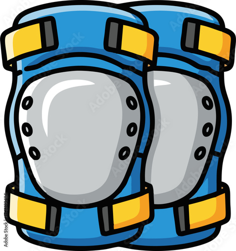 Cartoon Knee Pads in Blue, Grey, and Yellow with Black Outlines.