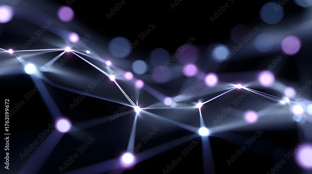 Obraz premium Abstract digital network connections with luminous nodes and bokeh lights on a dark background