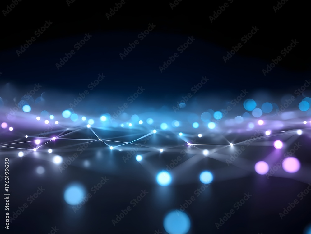 Fototapeta premium Abstract futuristic network of glowing blue and purple nodes and lines with soft bokeh effects
