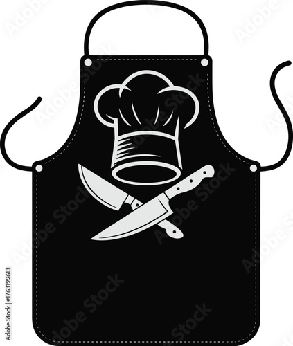Chef apron vector, black cooking garment with crossed knives and hat design, culinary professional illustration, kitchen-themed graphic for food enthusiasts