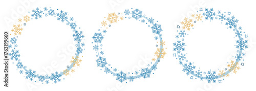 Collection wreaths of blue and gold snowflakes isolated on white background. Vector elements for design of greeting card, invitation, sale, decoration.