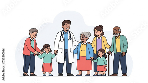 A compassionate family doctor providing medical care to a happy multi-generational family