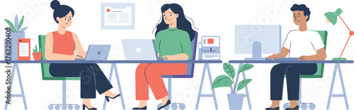 Flat illustration of modern office workspace with people working on laptops and computers in teamwork, business collaboration concept