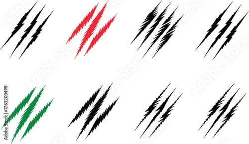 Claw mark vector set, jagged slash designs, red green black variations, aggressive graphic elements, diagonal damage motif, edgy illustration, dynamic pattern collection