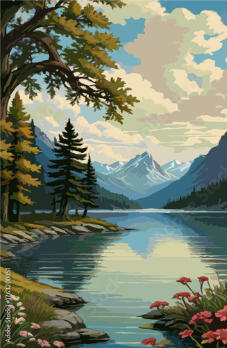 Lake view beneath majestic mountain peaks