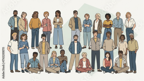 Diverse group of people standing and sitting together in casual clothing