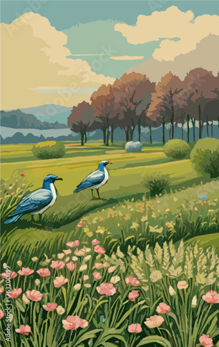 Peacocks walking across blooming spring field