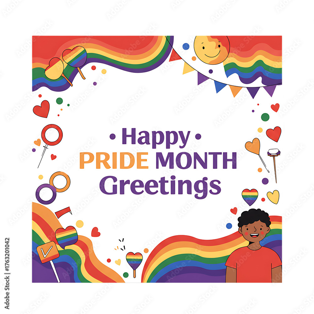 Fototapeta premium Celebrate love and diversity with vibrant Pride Month greetings featuring rainbows, hearts, and joyful expressions of inclusivity for all.
