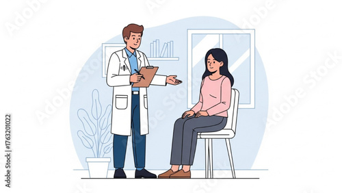 Professional healthcare consultation between doctor and female patient in clinic setting, discussing health and medical diagnosis