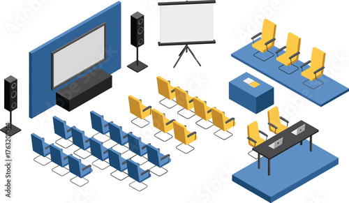 Isometric 3D illustration of modern conference room with chairs, stage, projector screen, speakers, and presentation setup for meeting