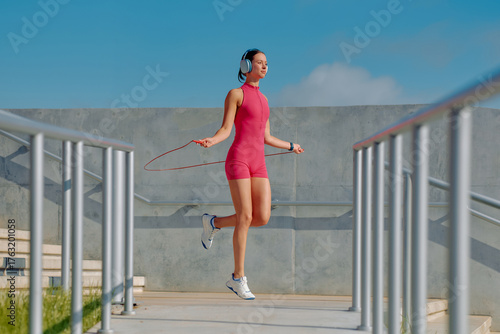 Jumping rope in outdoor setting with clear blue sky during daytime workout session
