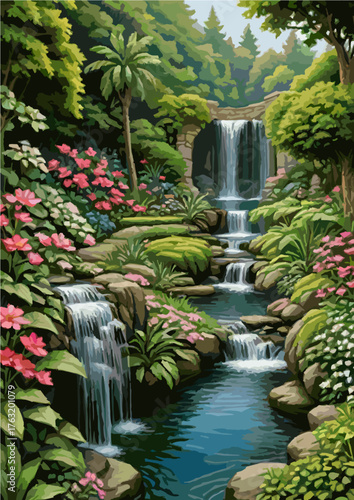 Waterfall surrounded by lush tropical garden