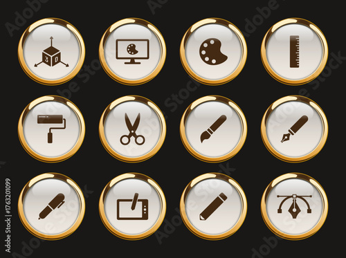 art and design gold rimmed vector icons. art and design gold rimmed icon set for web, mobile apps, ui design and print