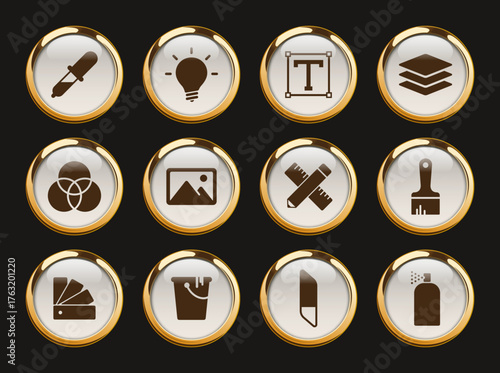 art and design gold rimmed vector icons. art and design gold rimmed icon set for web, mobile apps, ui design and print