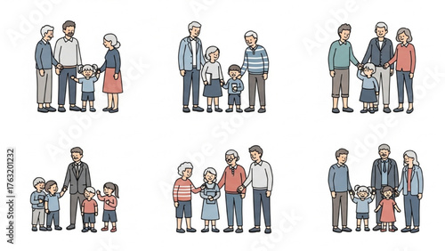 Collection of diverse three-generation family portraits with seniors, adults, and kids
