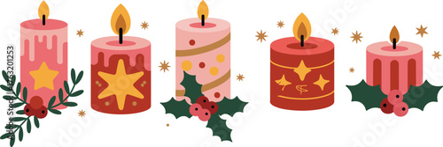 Festive candle vector set, holiday-themed pink and red designs, decorative flames, star and berry embellishments, seasonal illustration for celebration decor