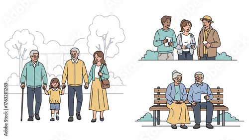 Senior lifestyle concept illustrations showing family, care, and technology use in retirement