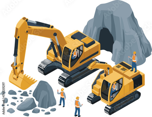 Isometric construction scene with excavators, workers, and rocky terrain, heavy machinery operating at mining or excavation site illustration