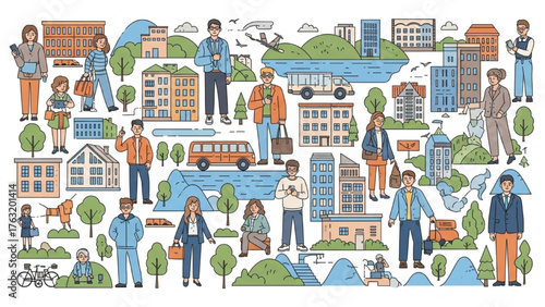 Urban lifestyle scenes showcasing city buildings, transportation, and diverse people enjoying their daily routines