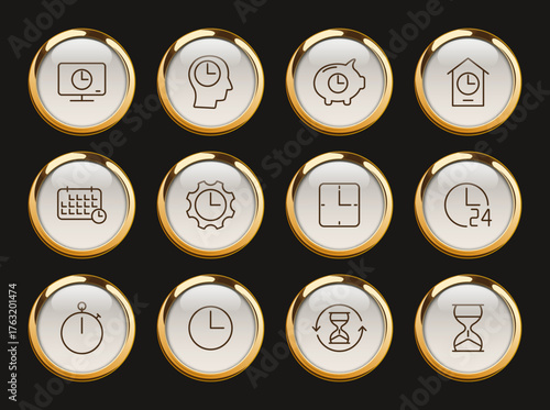 time and clock gold rimmed vector icons. time and clock icon set for web and ui design, mobile apps and print products