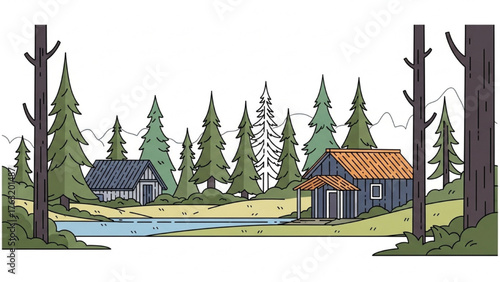 Cabin in the Woods Tranquil Scene of Nature, Lake, and Pine Trees Depicted