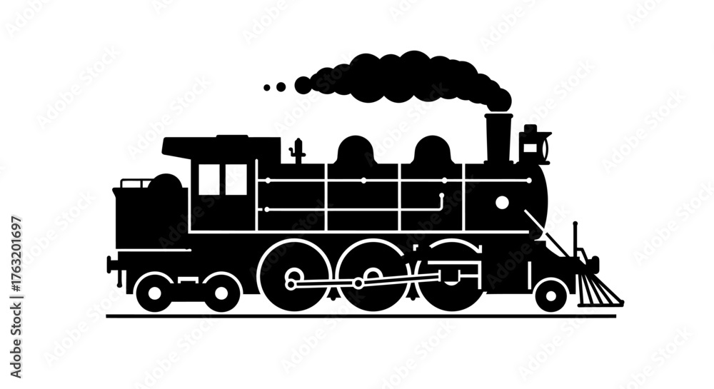 Fototapeta premium Silhouette of a classic steam locomotive billowing smoke symbolizing industrial heritage vintage travel and powerful transportations isolated on white background