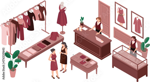 Isometric fashion boutique illustration showing clothing store interior,