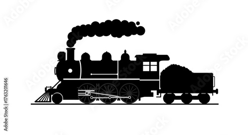 Classic steam locomotive silhouette trailing cargo car emitting smoke symbolizing transportation and industrial heritage isolated on white background