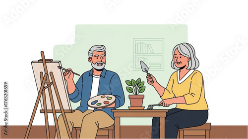 Active retired couple enjoying their creative hobbies of painting and indoor gardening together
