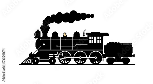 Vintage steam locomotive silhouette emitting smoke traveling across railroad tracks industrial revolution transportation symbol isolated on white background