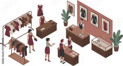 Isometric fashion boutique illustration showing clothing store interior,