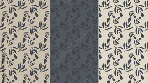 Abstract botanical silhouette tossed seamless pattern in muted neutral variations